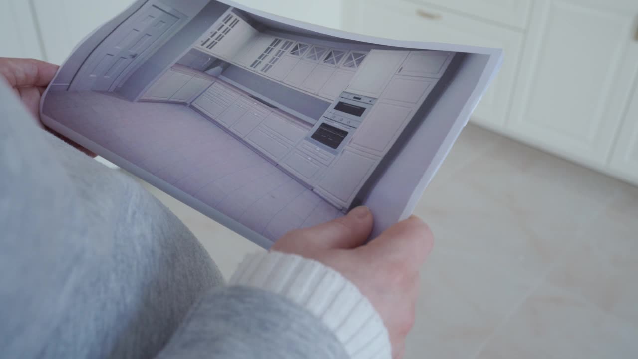 搬进新家的女人用厨房设计新公寓的家具项目视频下载