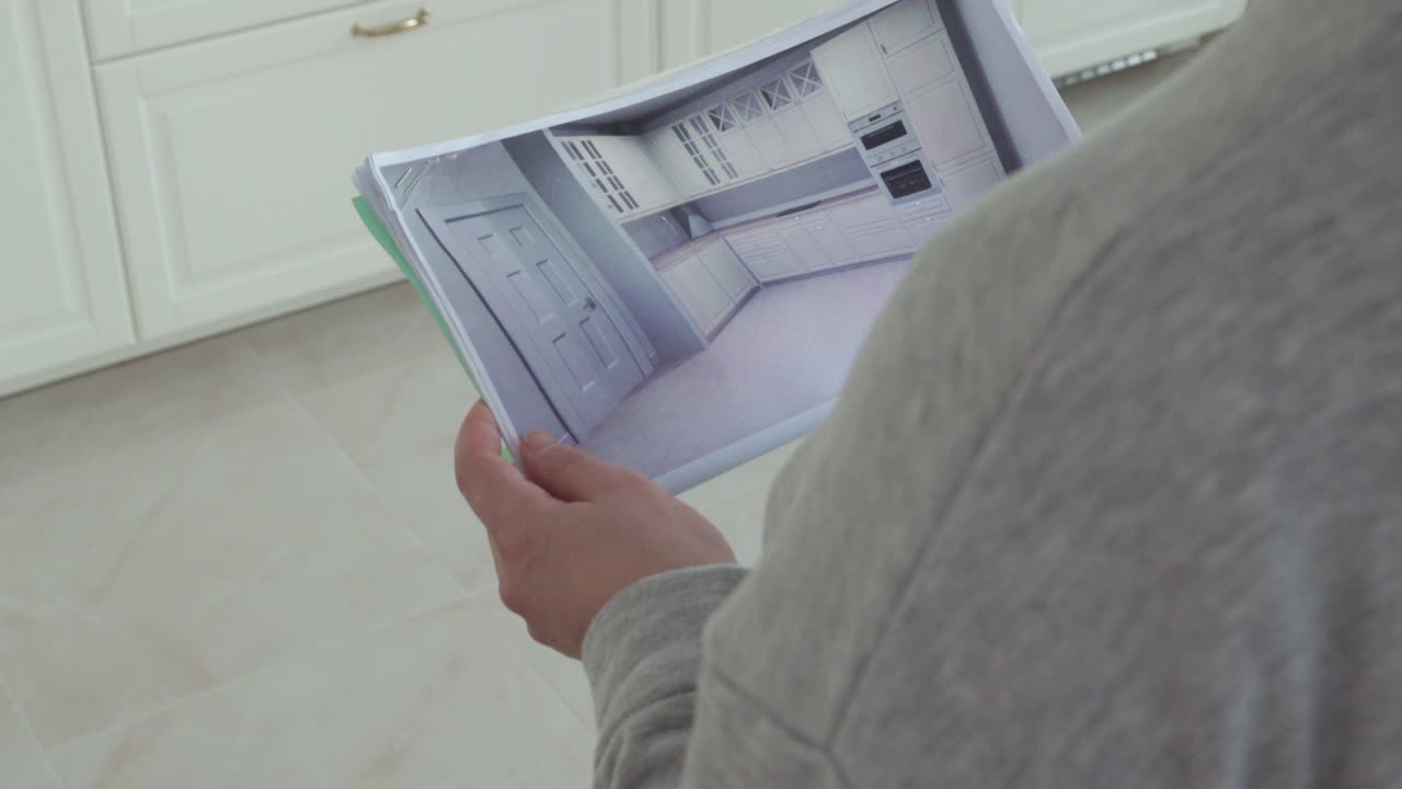 在新公寓装修期间，厨房家具项目的妇女视频下载