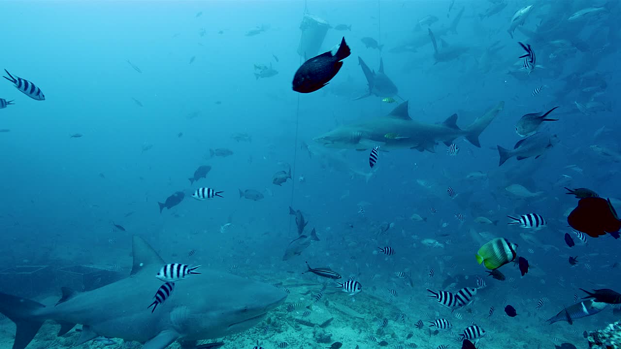 斐济水域中五颜六色的热带鱼和牛鲨视频素材