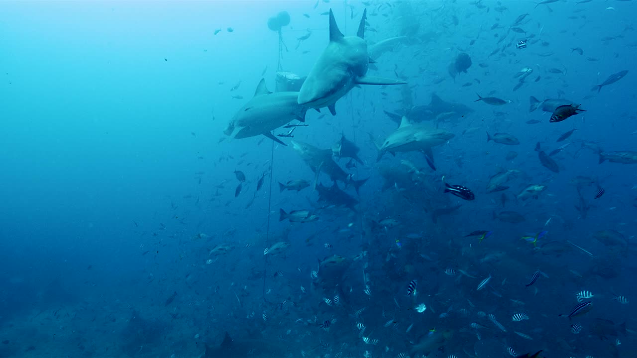 热带鱼和鲨鱼在水下进食视频素材