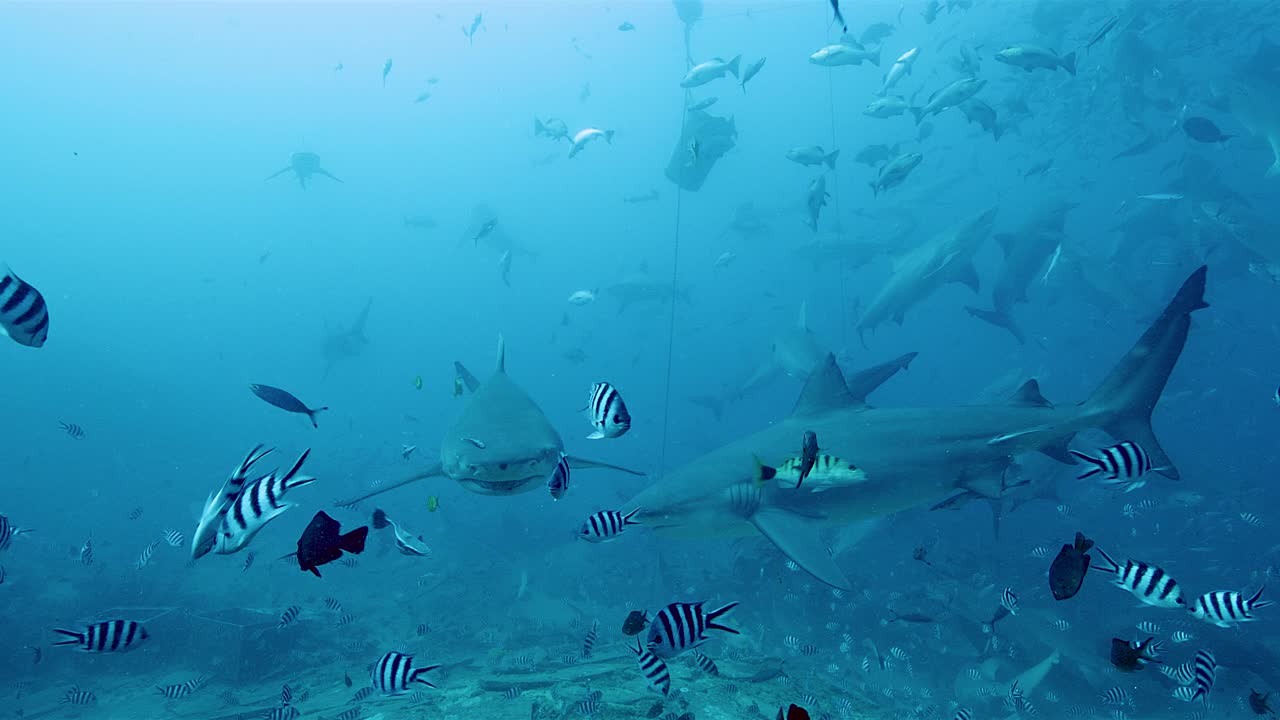 水下拍摄的鲨鱼和热带鱼在斐济视频素材