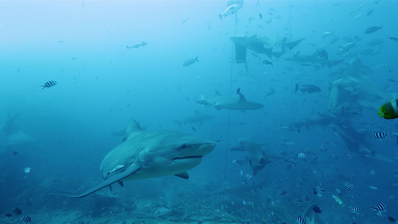 贝卡岛水域中鲨鱼和热带鱼的进食时间视频素材