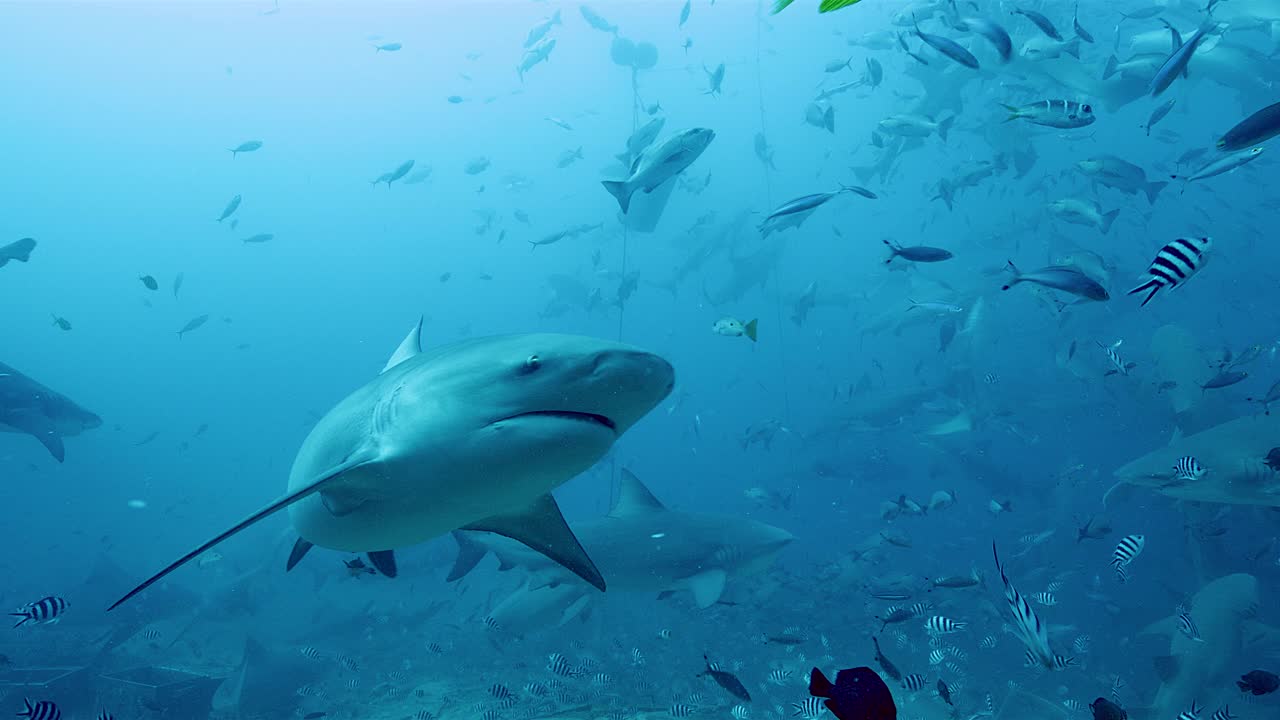 牛鲨和柠檬鲨与条纹热带鱼在水下游泳视频素材