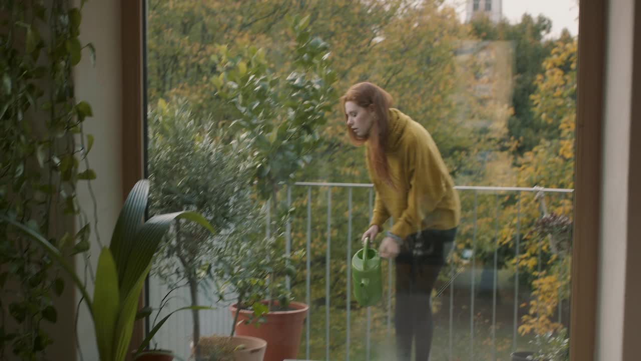年轻女子在阳台上给植物浇水视频下载