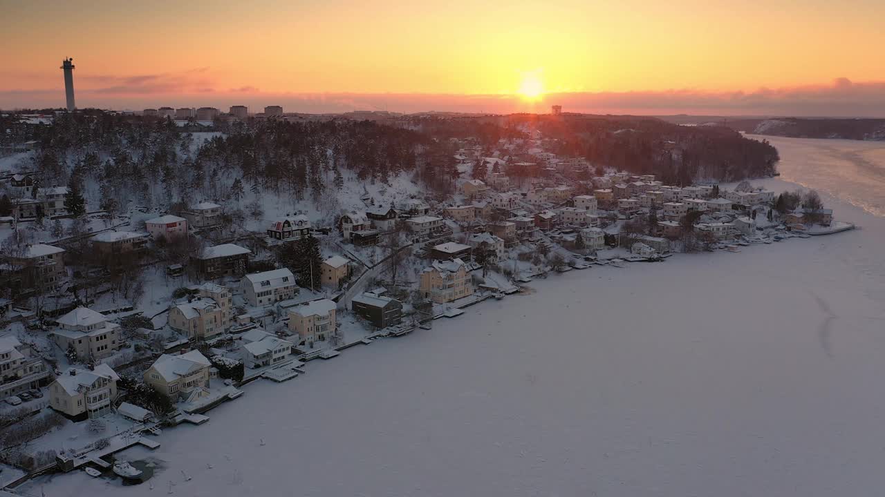 斯德哥尔摩冬季日落的鸟瞰图视频下载