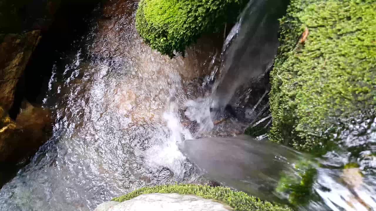 近距离观看小溪水从瀑布和流动之间的石头视频下载