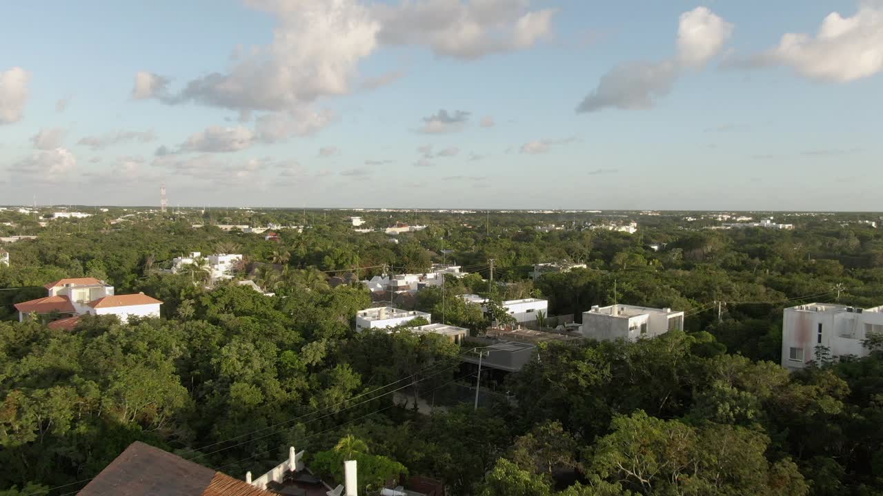 空中拍摄的房子在绿树对天空，无人机向前飞行在居民区在阳光灿烂的一天-图卢姆，墨西哥视频下载