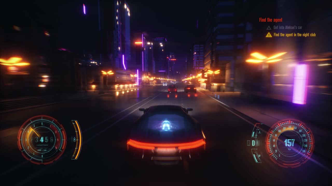 虛擬賽車游戲與HUD。朋克風格的城市視頻素材
