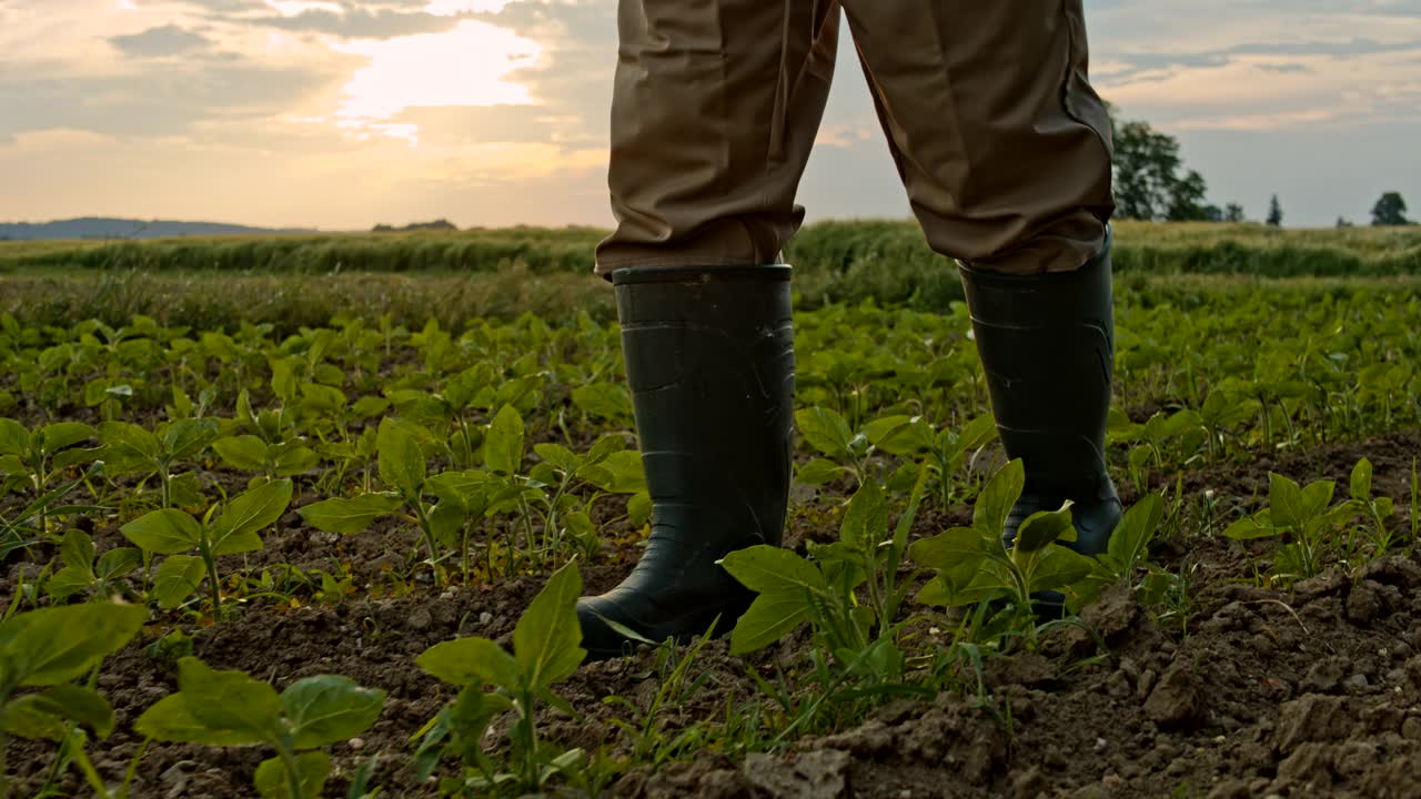 高级农民在检查地里植物生长时打电话视频下载