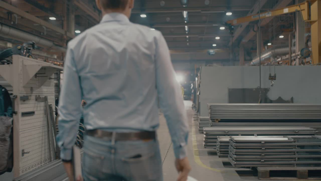 SLO MO员工带着平板电脑在工厂里行走视频素材