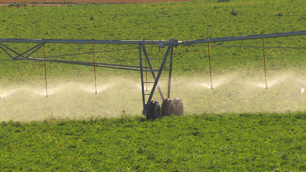 用中心支点灌溉系统向田间喷洒水。视频素材