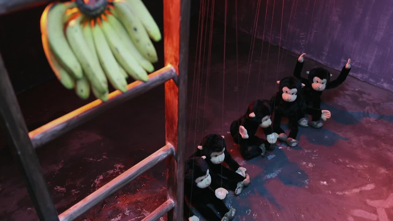 中等镜头的香蕉挂在梯子和猴子木偶坐在舞台上木偶表演视频下载
