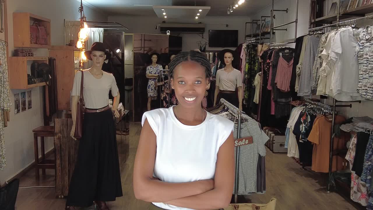 服装店女企业家双臂交叉，高角度微笑欢迎视频素材