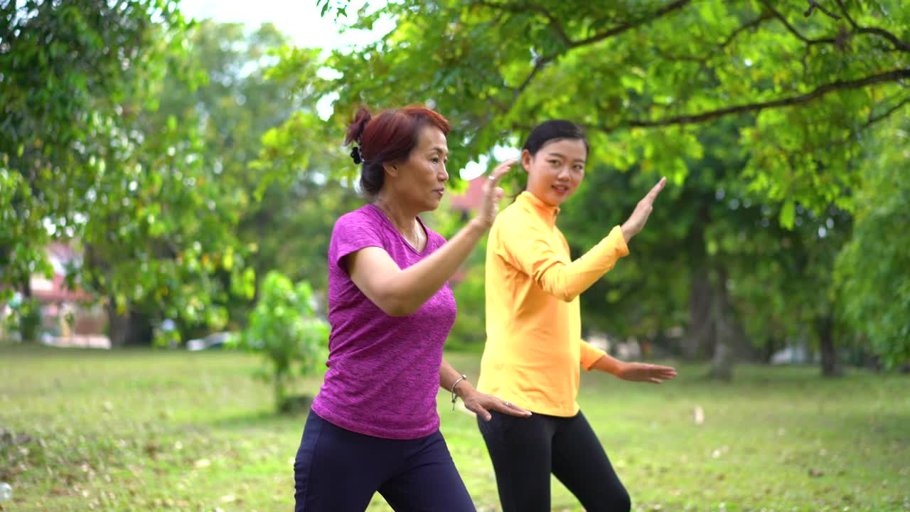 亚洲华人母亲女儿在公园练习太极视频素材