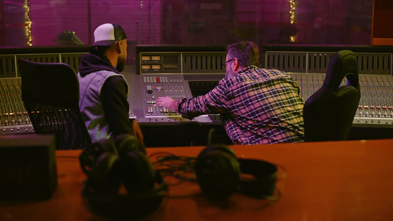 男嘻哈歌手一边说唱一边和他的唱片制作人在录音室里听录音视频素材