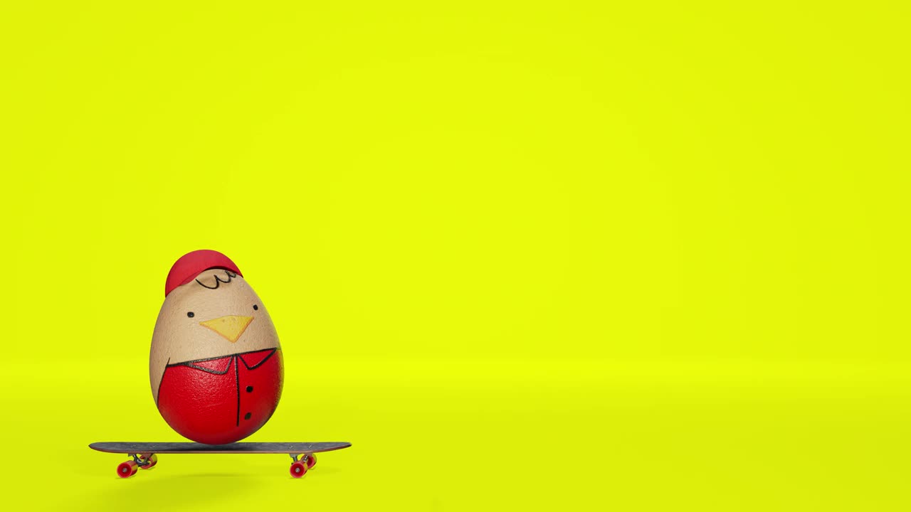 可爱的复活节彩蛋滑板者的3d渲染角色动画循环在一个黄色的工作室背景与luma哑光部分。视频下载