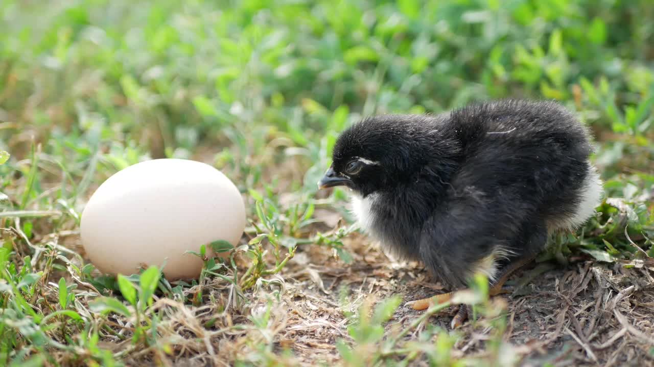 草地上有小鸡和鸡蛋视频素材