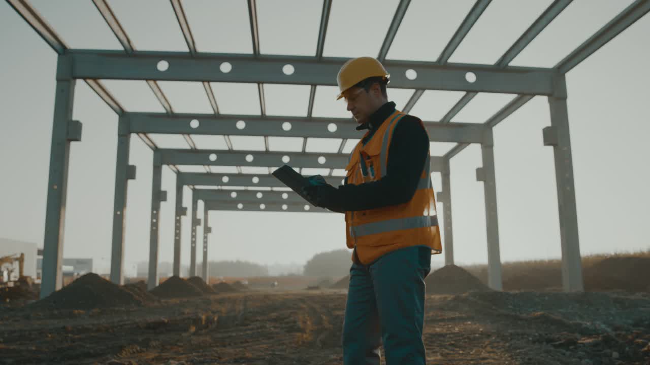 SLO MO建筑承包商使用数码板评估施工现场的施工进度视频素材