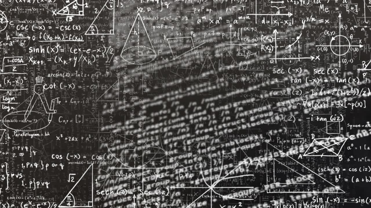在黑色背景上以数学方程式为背景的实验室设备图标的数字动画视频下载