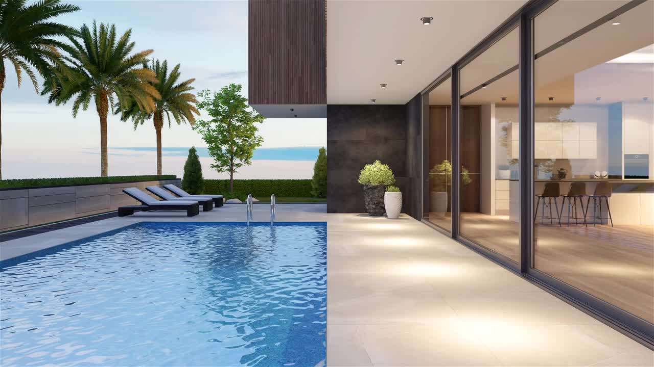 现代别墅后院与游泳池黄昏概念。棕榈树。副本的空间。视频下载