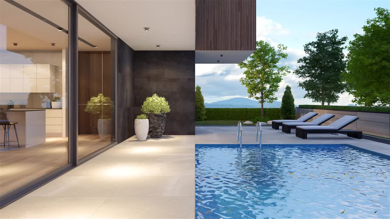 现代别墅后院与游泳池黄昏概念。森林。副本的空间。视频下载