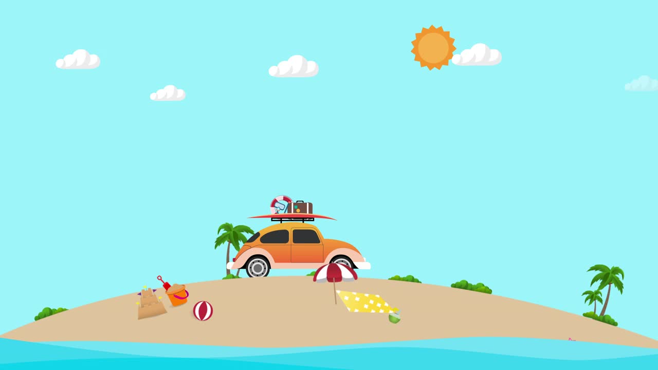 在屋顶上带着行李的汽车旅行和在海滩上冲浪的视频。夏季旅行。视频下载