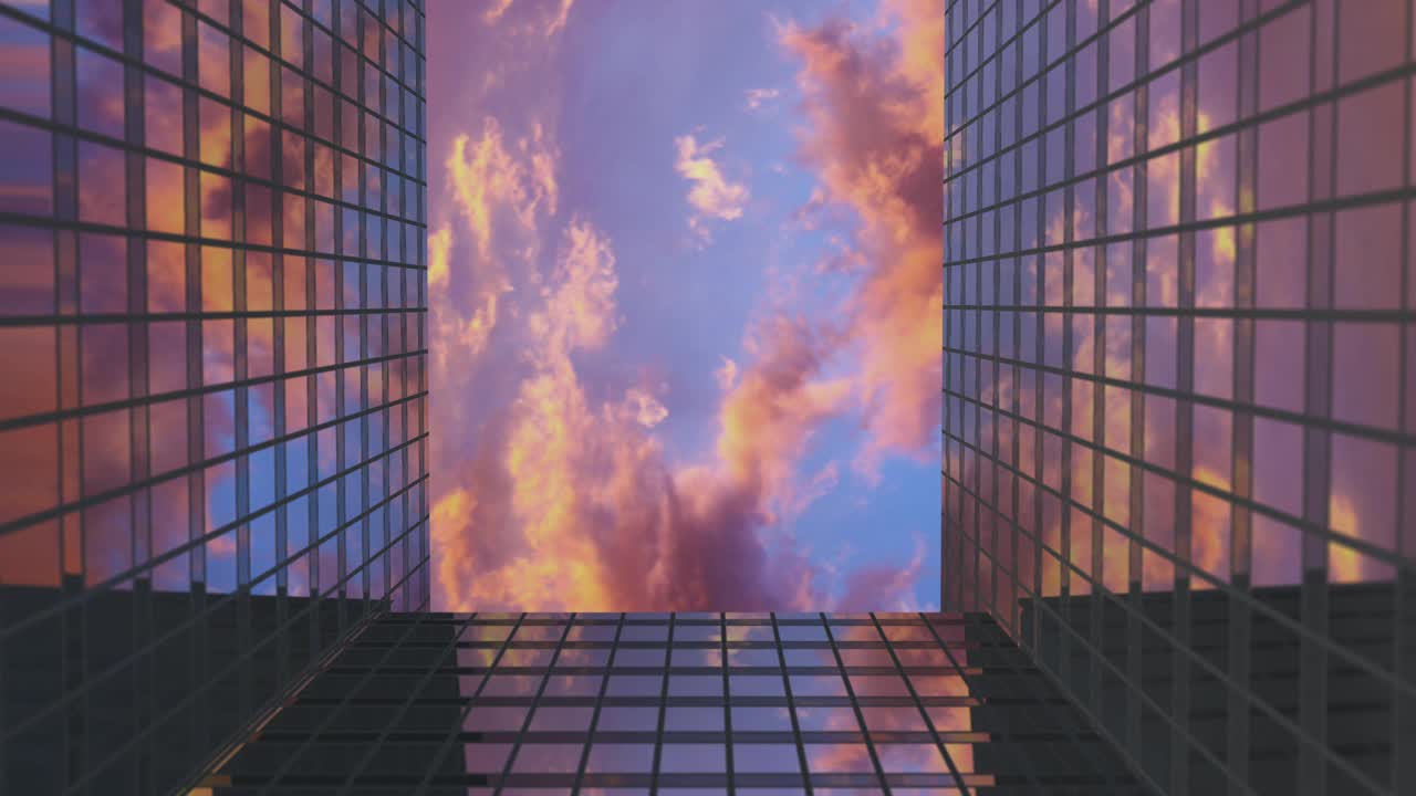 飞机飞过商业摩天大楼对日落的云，美丽的3d动画4k，超高清反射，旅行，飞行。视频素材