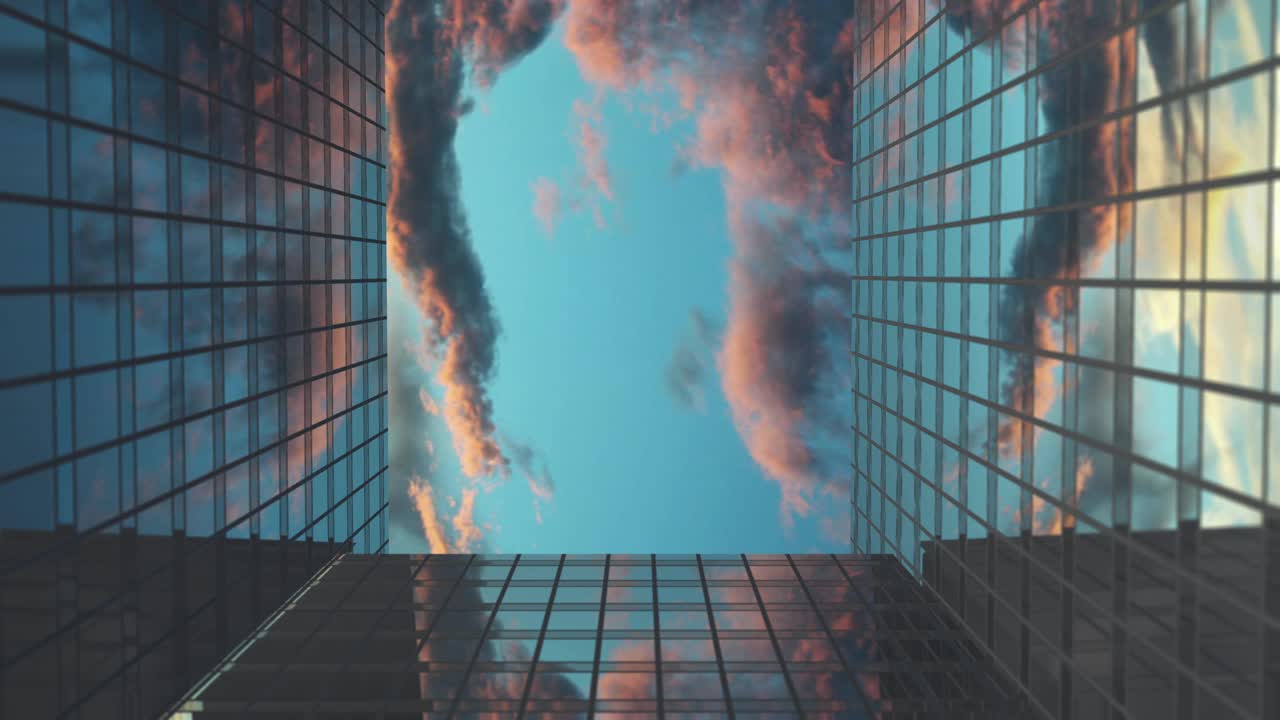 飞机飞过商业摩天大楼对日落的云，美丽的3d动画4k，超高清反射，旅行，飞行。视频素材