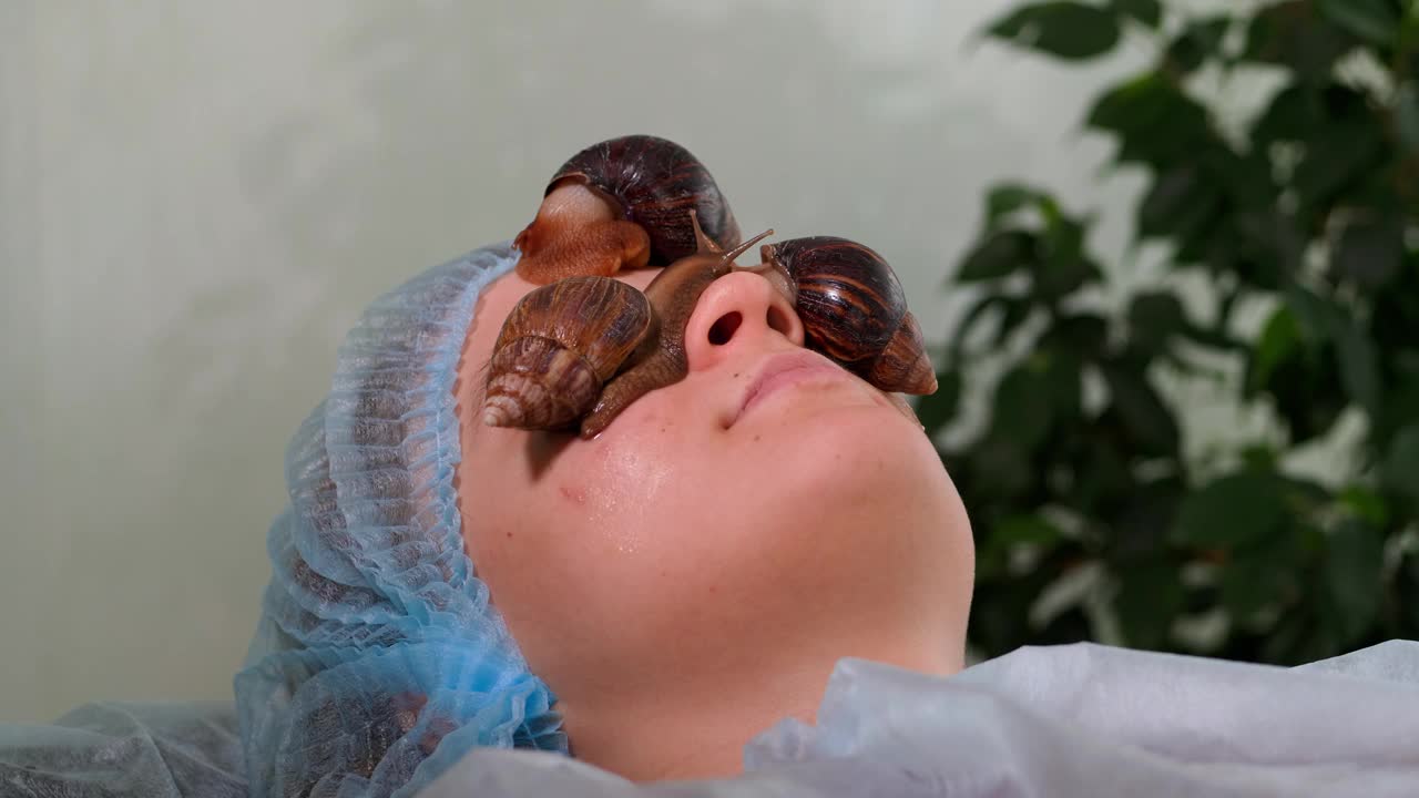 在水疗沙龙接受蜗牛治疗的女人。蜗牛粘液用于皮肤护理。视频素材