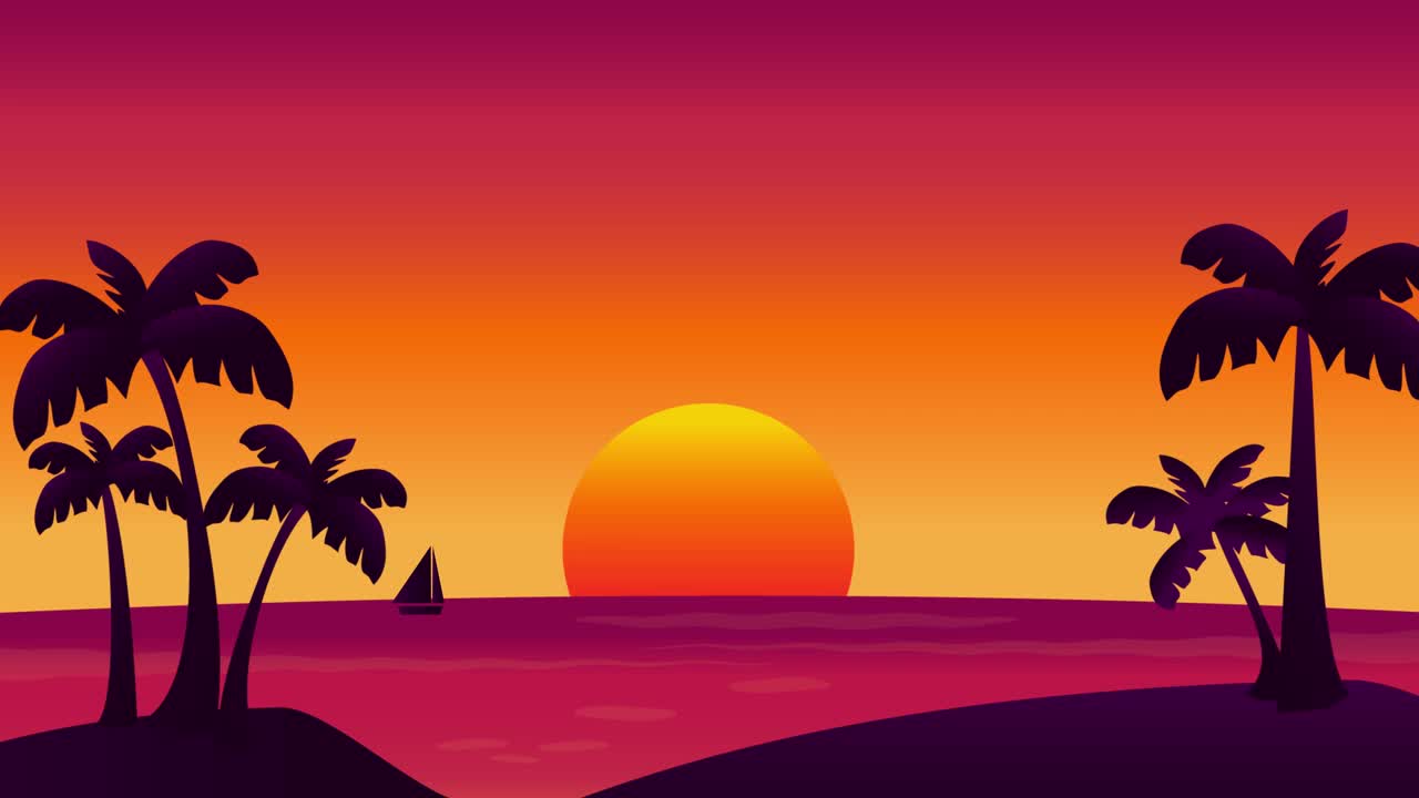 日落海滩动画卡通热带海滩海洋暑假4k动画视频片段视频下载