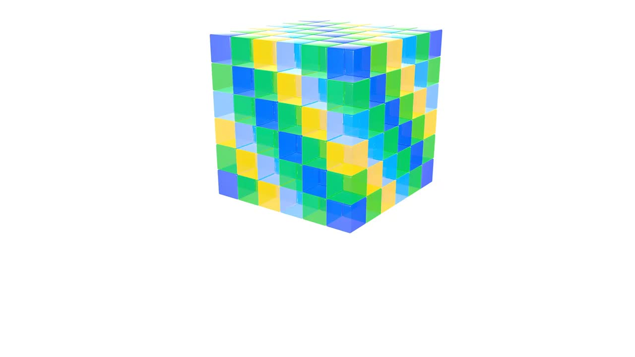 三维动画的几何立方体下降，击中地面，并分解成许多较小的立方体。视频下载