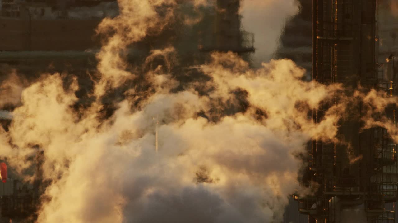 航空日落视图洛杉矶炼油厂蒸汽云视频素材