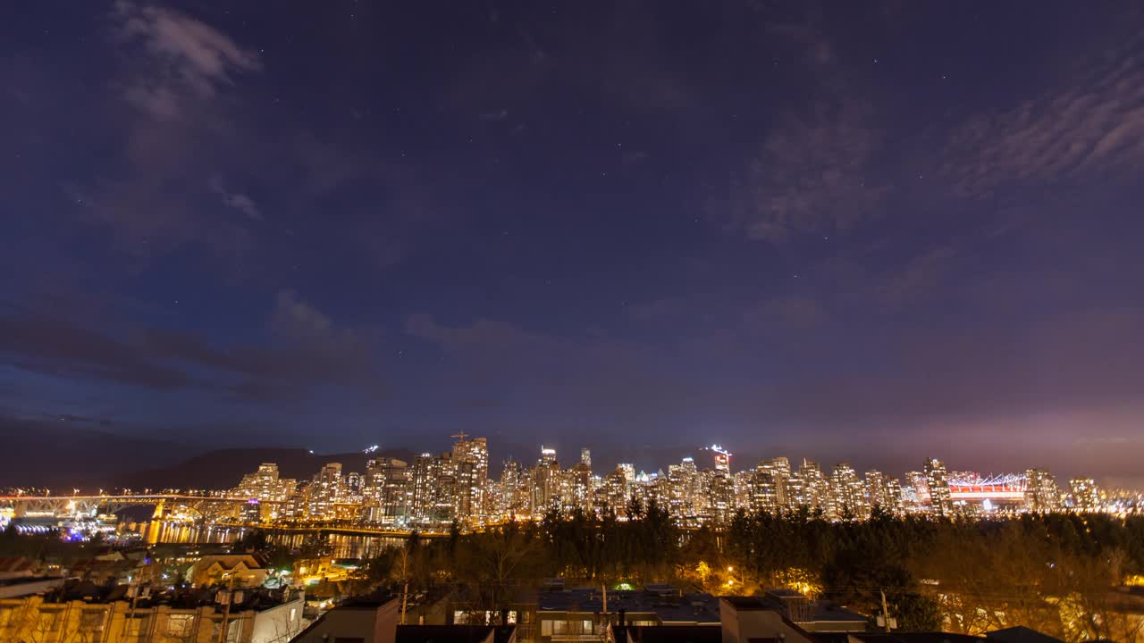在加拿大温哥华的夜晚，在城市里的高楼大厦被封锁的时间流逝的拍摄视频素材