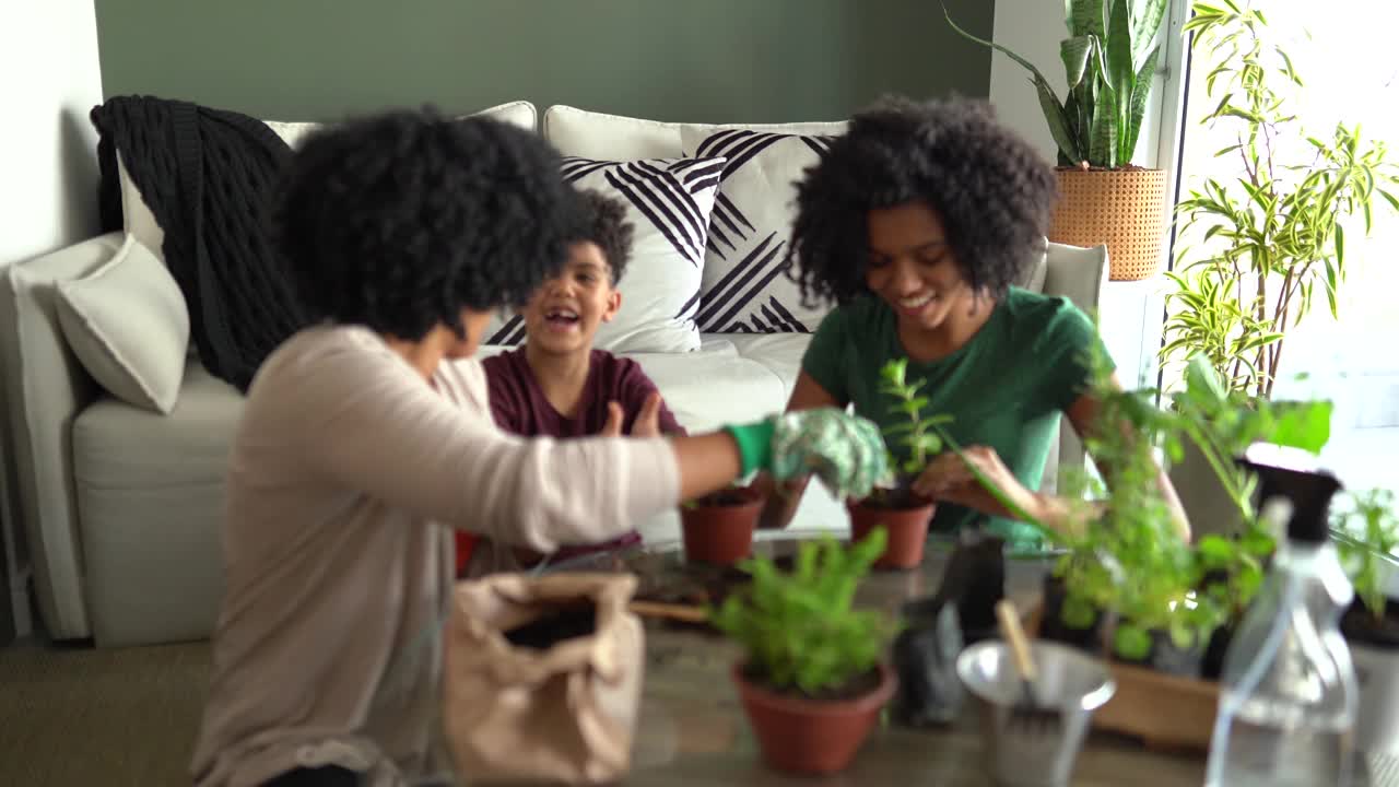 母亲和孩子们在家里园艺视频素材