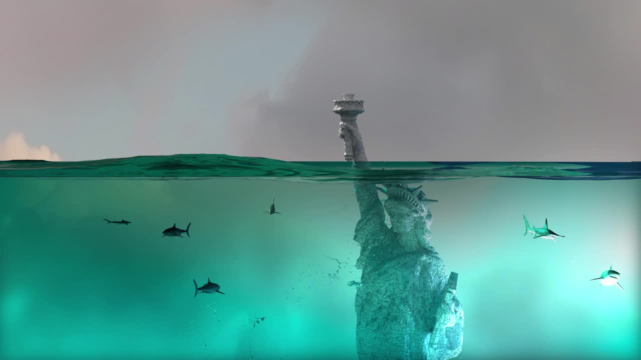 自由女神像水下，美国淹没纽约3d渲染视频下载