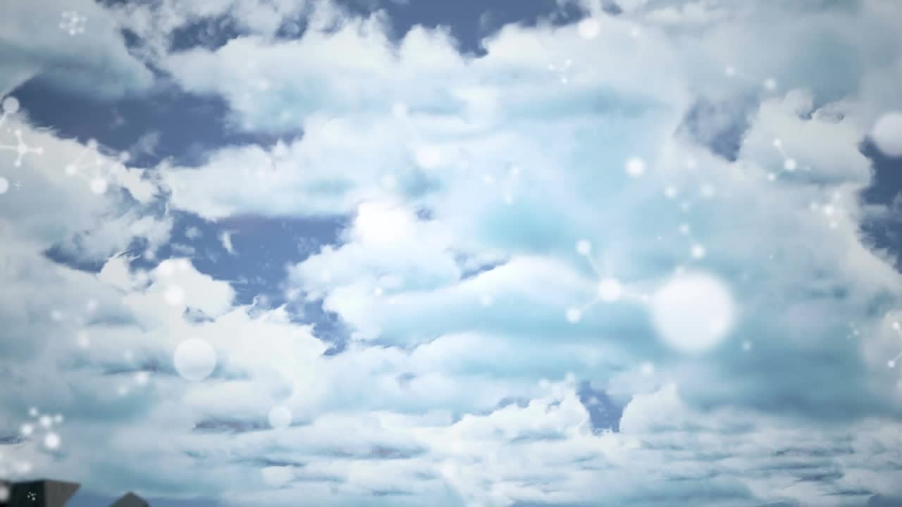分子结构漂浮在破碎的欧元符号上，与蓝色天空中的云对比视频素材