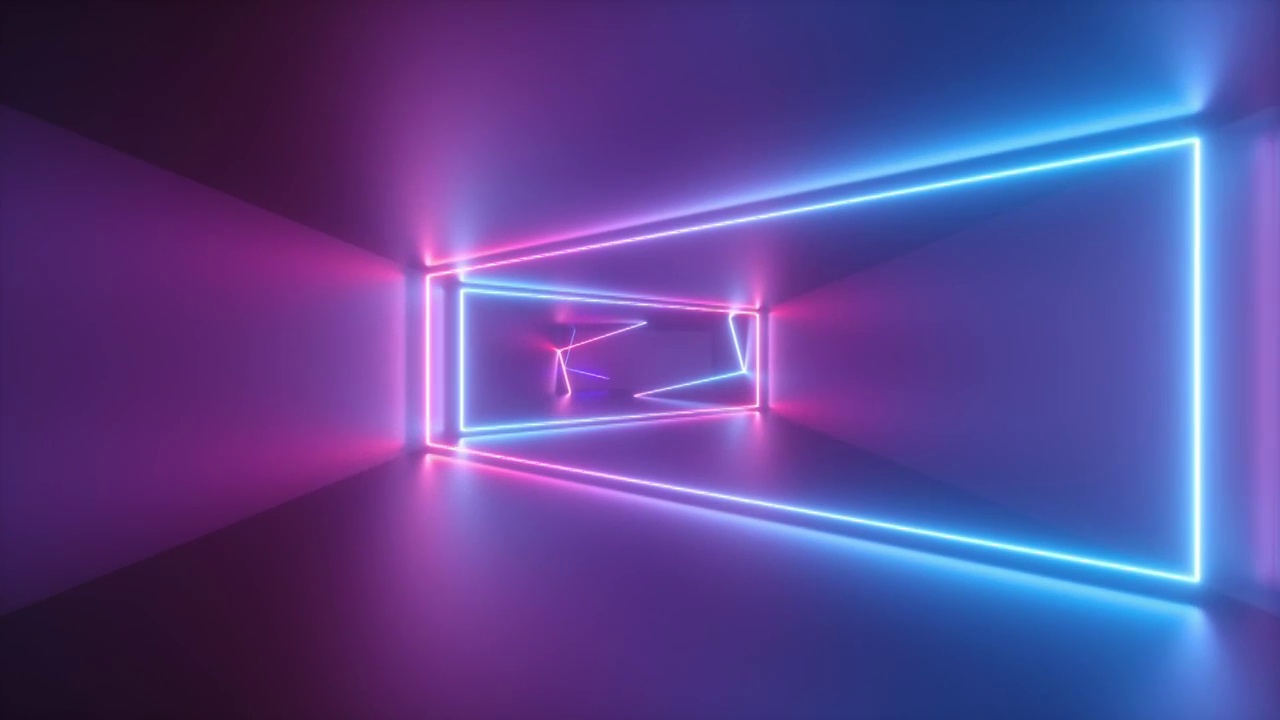 三維抽象循環動畫，幾何背景與霓虹燈線出現在無盡的隧道。粉藍發光梯度視頻素材