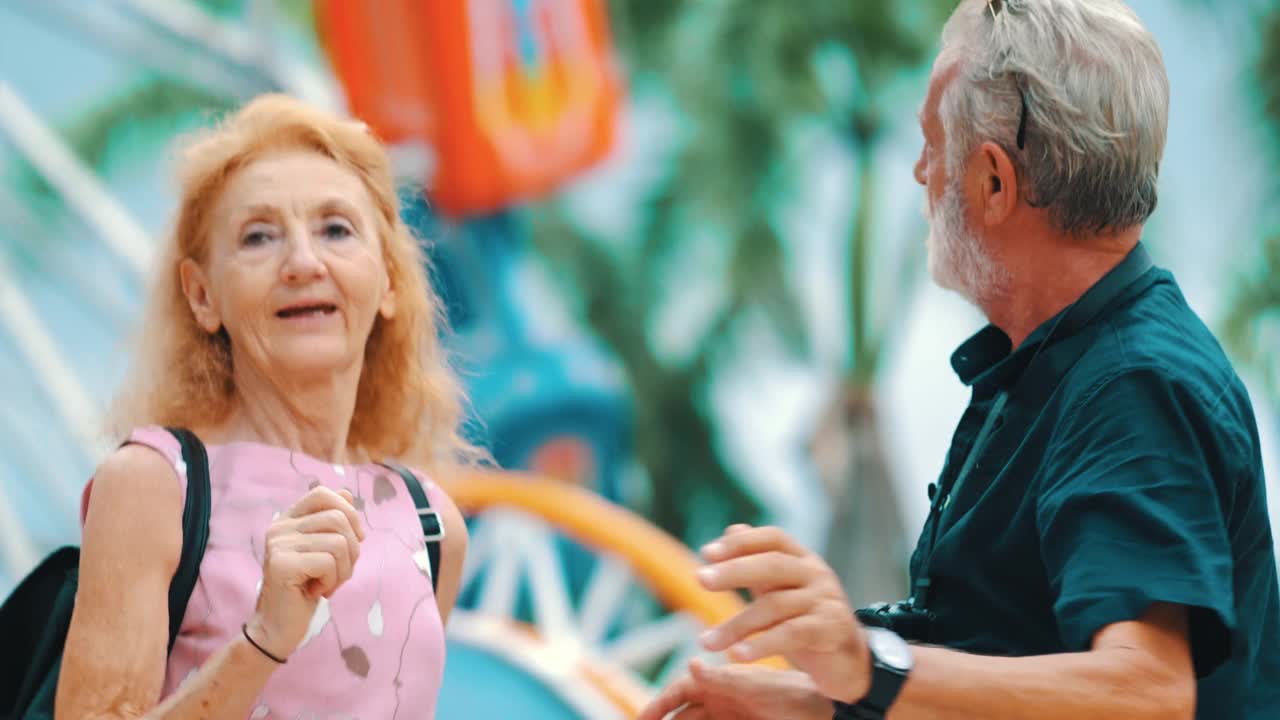 一对快乐的老夫妇在游乐场谈笑风生视频素材