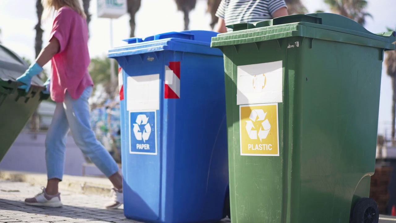 在地中海国家，女性志愿者在滚动容器，以进行废物分离收集。年轻的白人妇女在阳光明媚的夏日户外清洁旅游胜地。生态学的概念。视频下载