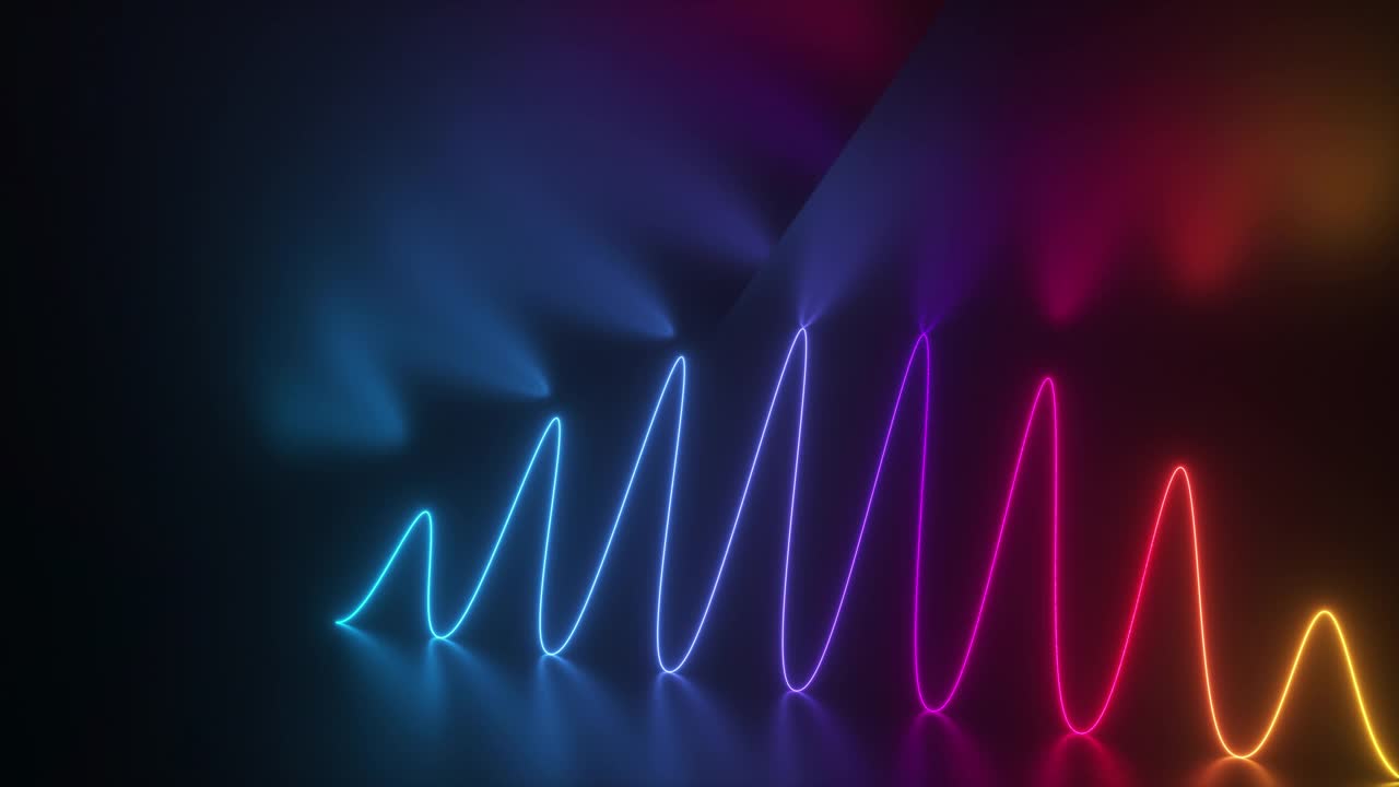 合成波式曲折曲线图，用霓虹灯紫外灯在夜间房间表面反射。CGI插图视频下载