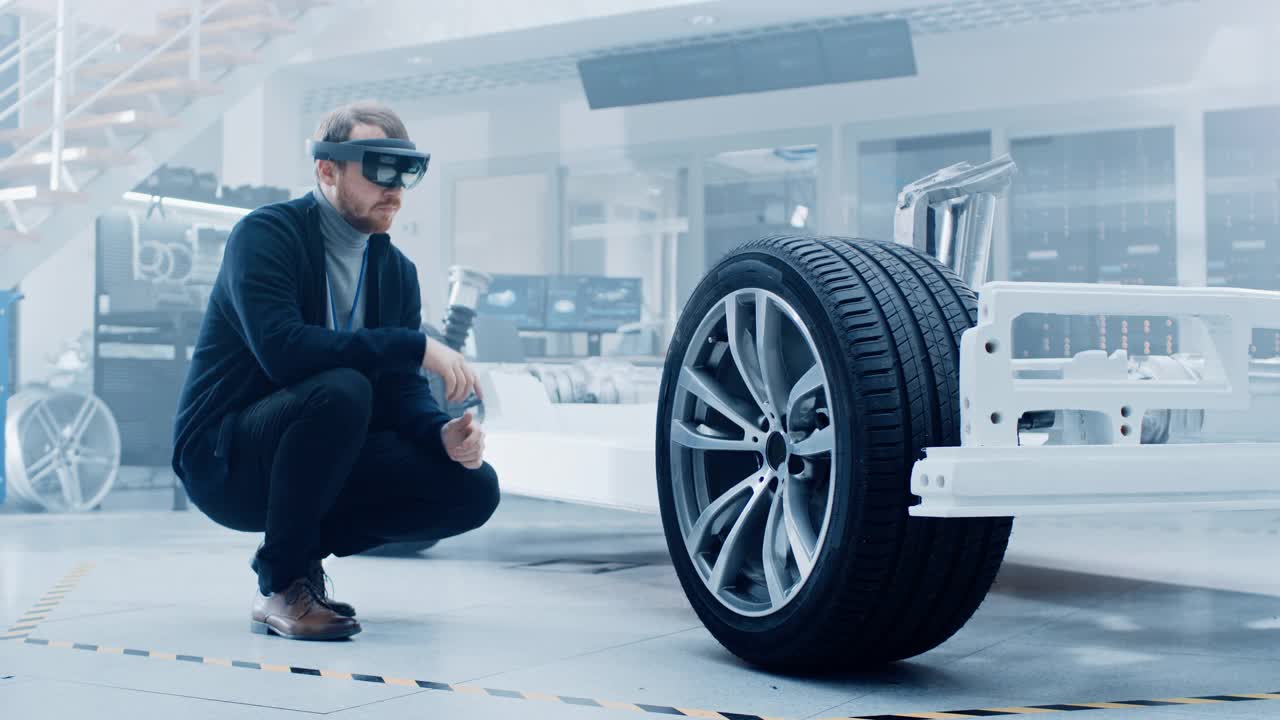 汽车工程师在电动汽车底盘平台上工作，使用增强现实耳机和3D视觉特效软件开发概念运输车再生制动系统。视频购买