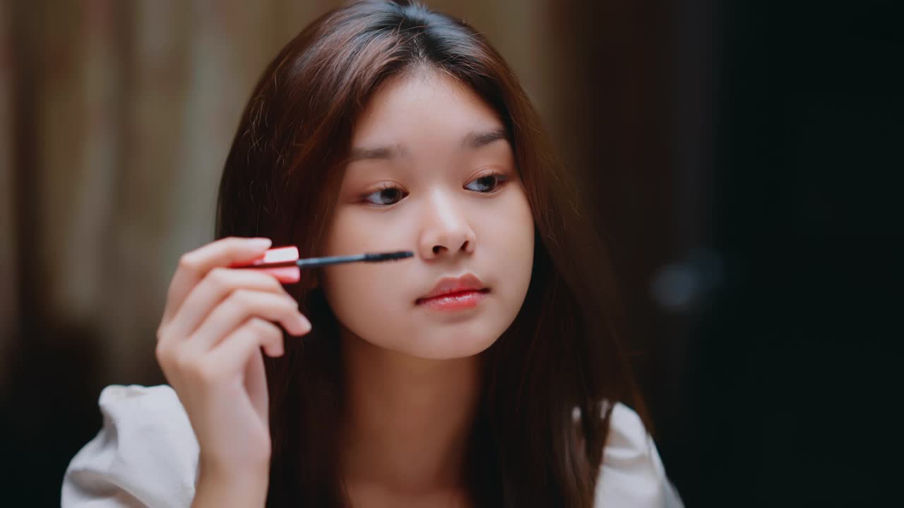 年轻的亚洲美女和专业美妆艺术家视频博主录制化妆教程在美容工作室分享网站或社交媒体。博主在三脚架和铃声上使用手机视频下载