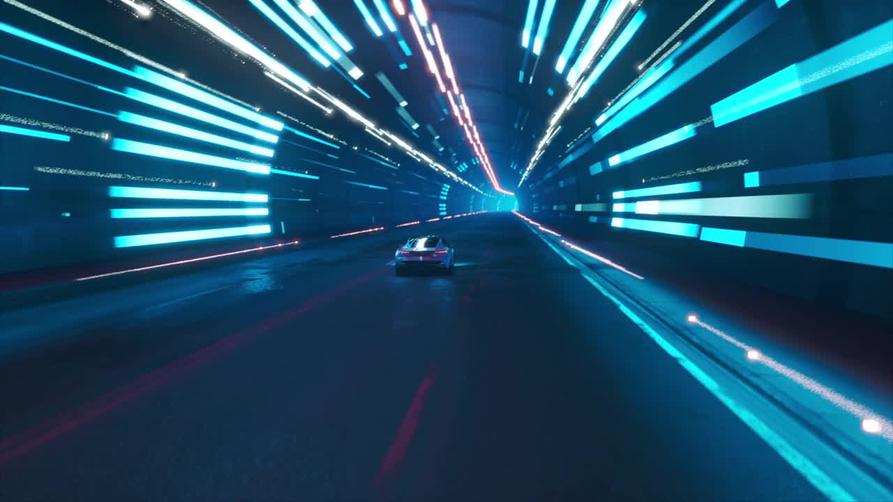 帶有界面的賽車模擬器視頻游戲的玩法。計算機生成的3D汽車在現代城市隧道的夜間高速公路上快速行駛。視效動畫?；?。視頻素材