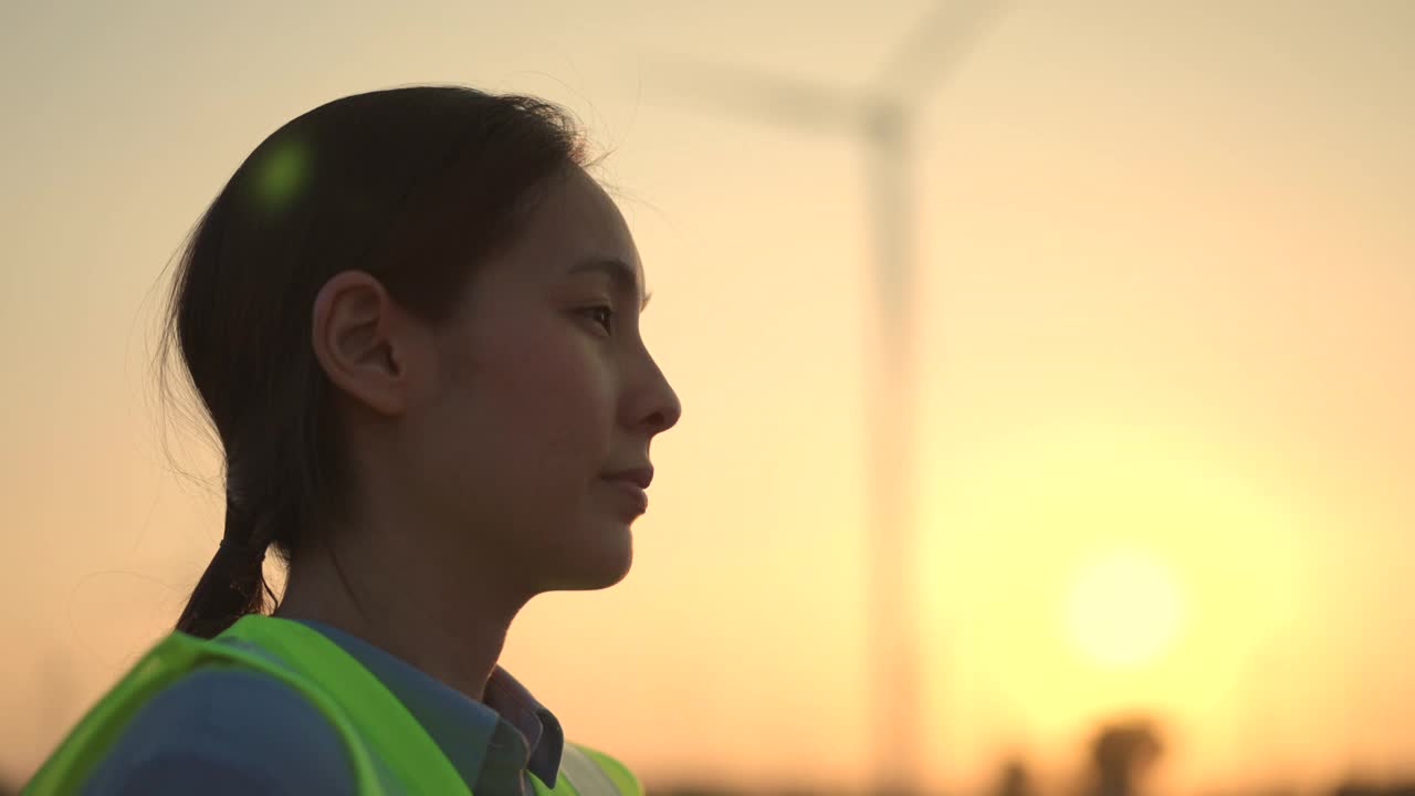 一名女工程师在日落时戴上施工头盔的慢镜头特写视频下载
