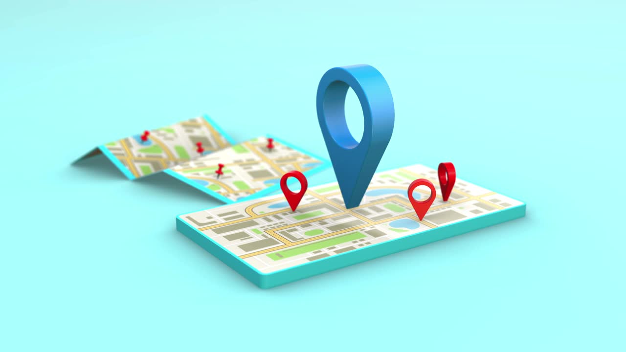 智能手机定位器标记的地图城市和定位销或导航图标符号搜索旅行。3D抽象概念背景4K超高清视频动画循环。视频素材