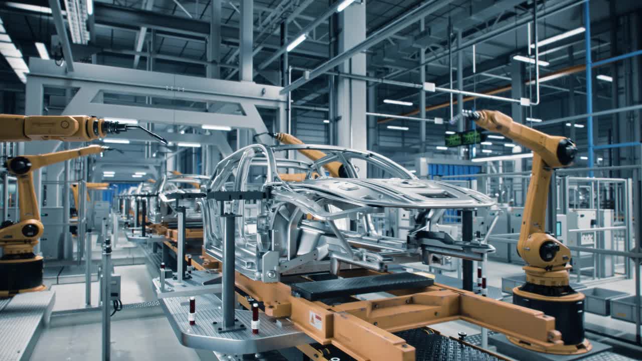 汽車工廠3D概念:自動化機器人手臂裝配線制造先進的高科技綠色能源電動汽車。建筑，建筑，焊接工業生產輸送機。特寫鏡頭視頻素材