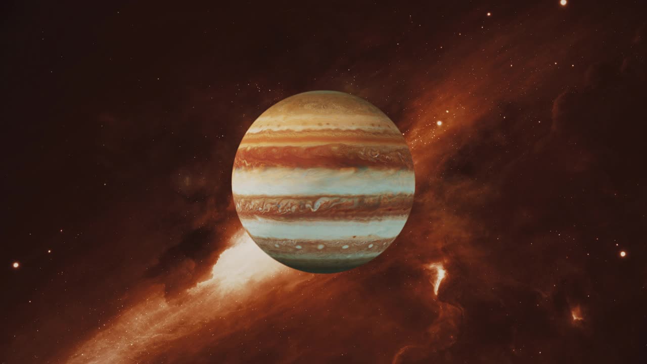 木星在宇宙中史诗般的背景。木星在太阳系中缓慢旋转。宇宙中的大行星。星际银河。带有巨大红斑的巨大气体巨星。死亡无人居住的星球视频素材