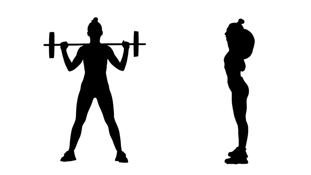 黑色剪影的年轻女子在运动服做练习杠铃下蹲。妇女的健康。2在1拼贴正面和侧面视图全长度在白色背景。慢动作准备59.94帧视频素材