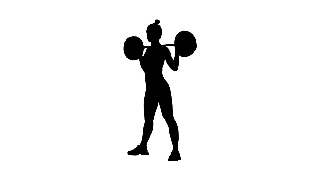 黑色剪影的年轻女子在运动服做练习杠铃下蹲。力量训练，女性健身。全长白色背景。慢动作准备59.94帧视频素材