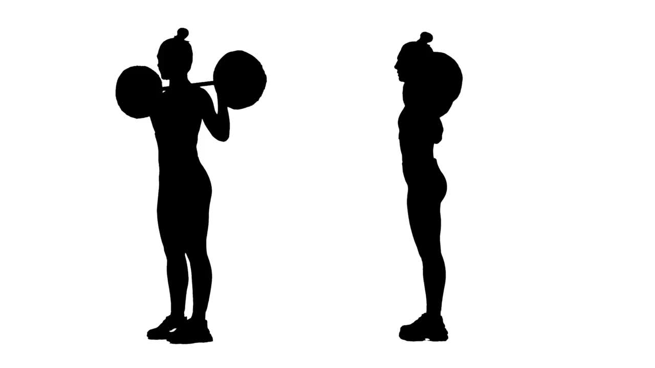 黑色剪影的年轻女子在运动服做弓步和杠铃下蹲。培训、妇女健康。2在1拼贴正面和侧面视图全长度在白色背景。慢动作准备59.94帧视频素材